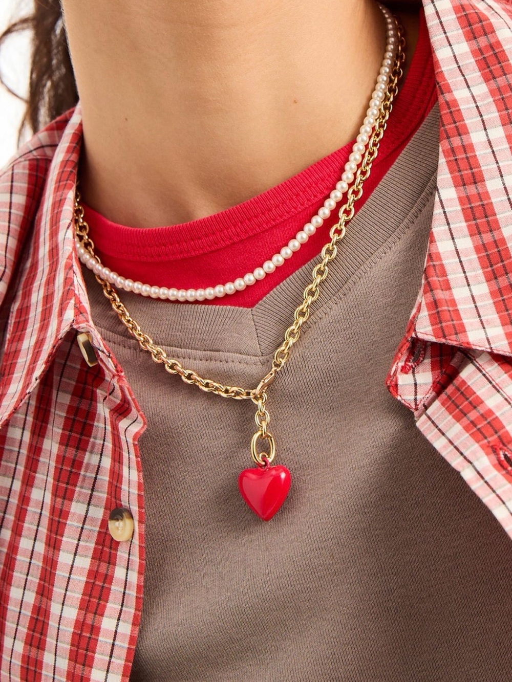 Roxanne Assoulin The Mini Puffy Heart Detachable Charm Necklace Red & Pearl Set